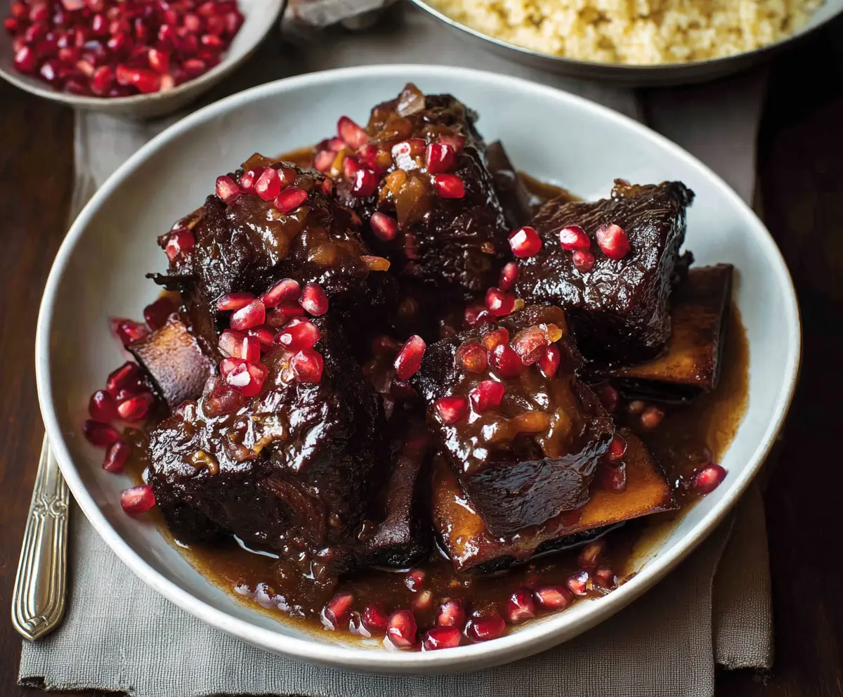 Delicious Pomegranate Braised Short Ribs served with garnish, perfect for a hearty dinner.