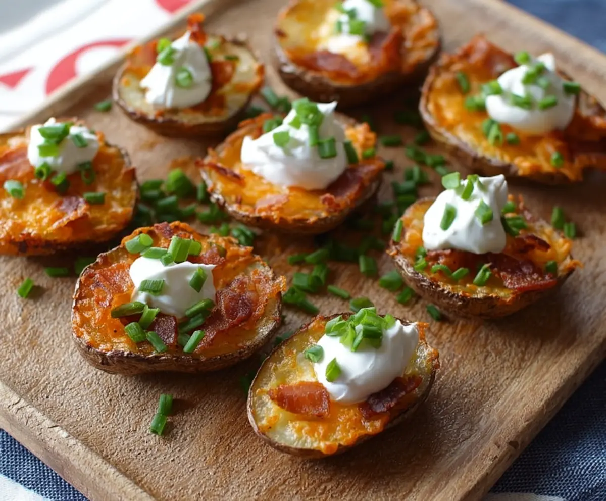 Crispy potato skin bites topped with cheese and herbs, perfect for snacks and appetizers.