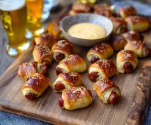 Golden pretzel pigs in a blanket served with creamy beer cheese dip on a rustic platter.