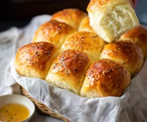 Freshly baked pull apart sourdough dinner rolls stacked on a rustic wooden table.