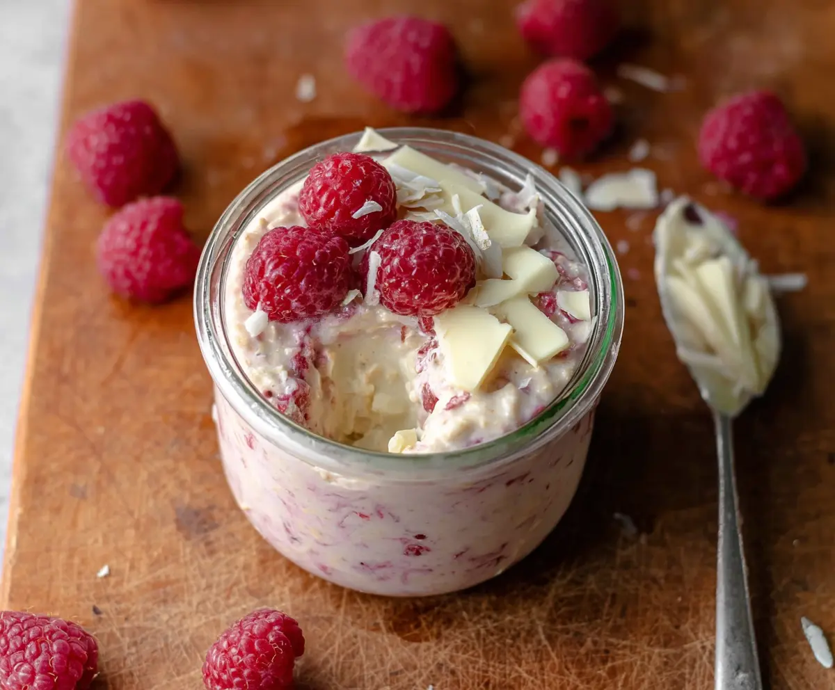 Delicious raspberry white chocolate overnight oats in a glass jar, perfect for a healthy breakfast