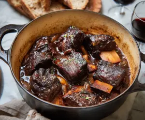 Juicy red wine braised short ribs with tender meat and rich sauce on a rustic plate.