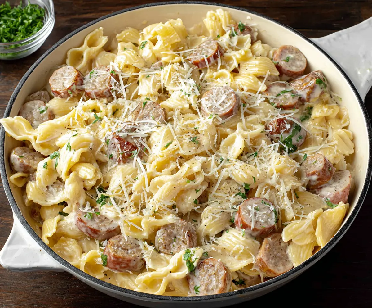 Creamy Sausage Alfredo Pasta served with melted cheese and fresh herbs on a white plate
