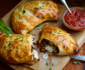 Delicious sausage calzones fresh out of the oven, golden and crispy with melted cheese and savory sausage filling.