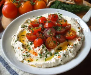 Creamy whipped cottage cheese with fresh tomatoes for a healthy savory snack