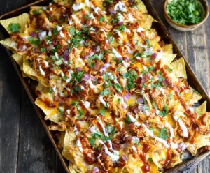 Delicious sheet pan BBQ chicken nachos topped with melted cheese and fresh cilantro.
