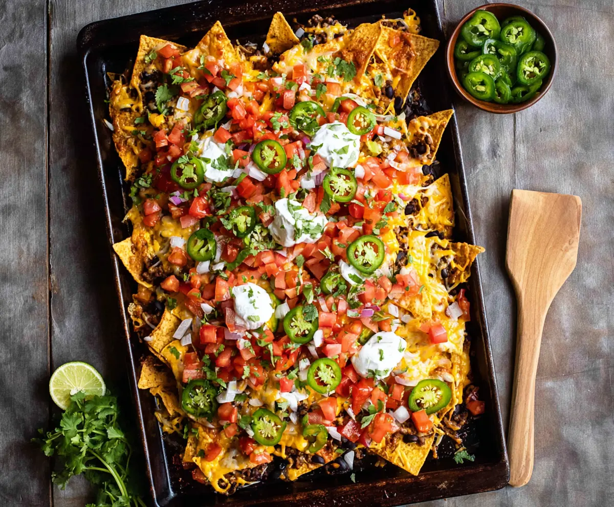 Delicious sheet pan nachos with melted cheese, jalapenos, and toppings served on a baking sheet.