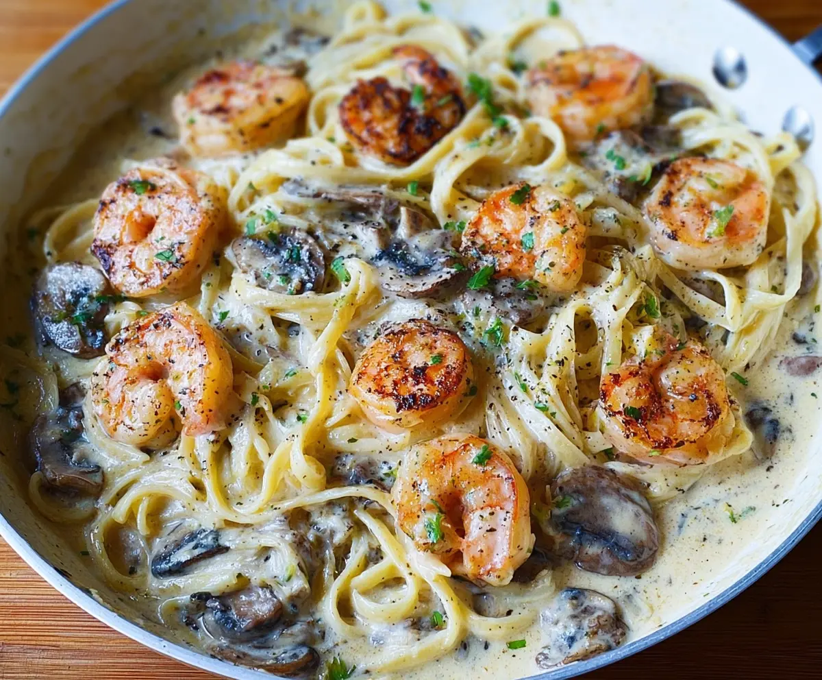 Creamy shrimp Alfredo pasta with mushrooms served on a plate, garnished with fresh herbs.