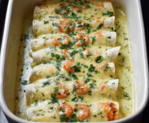 Delicious shrimp enchiladas topped with creamy poblano sauce and melted cheese.
