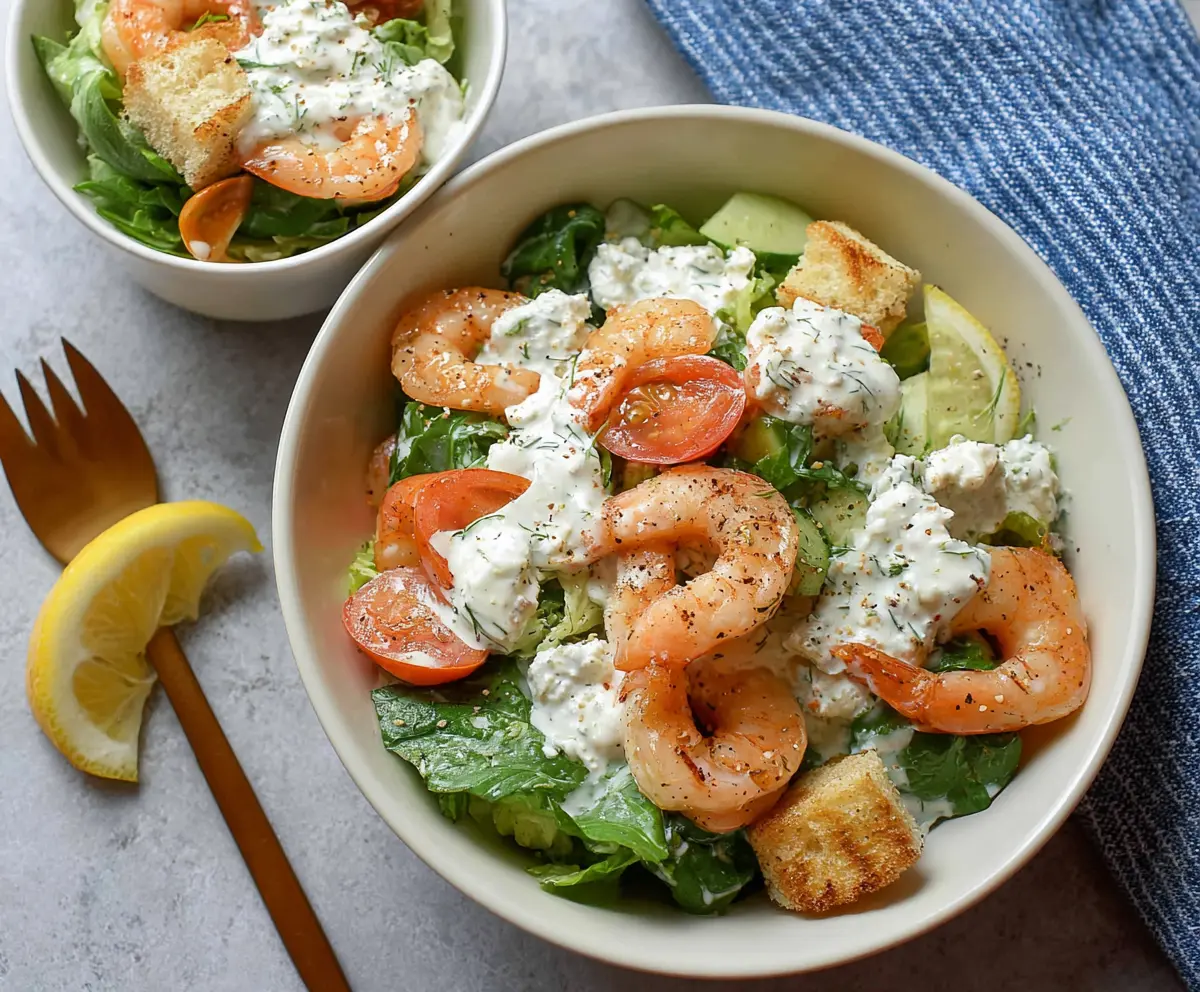 Fresh shrimp salad with creamy yogurt dressing on a white plate, garnished with herbs.