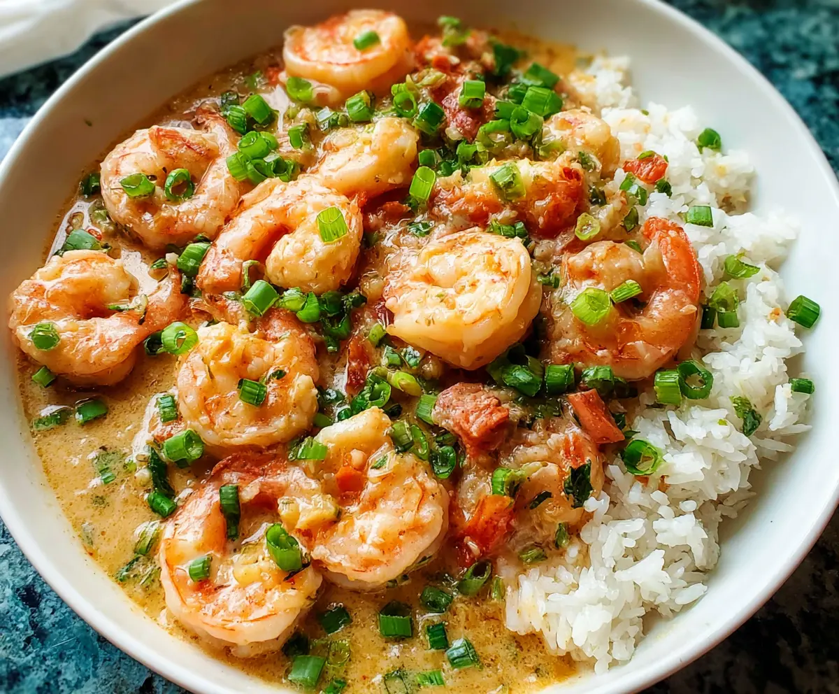 Delicious shrimp with lobster sauce served on a white plate, garnished with fresh herbs.