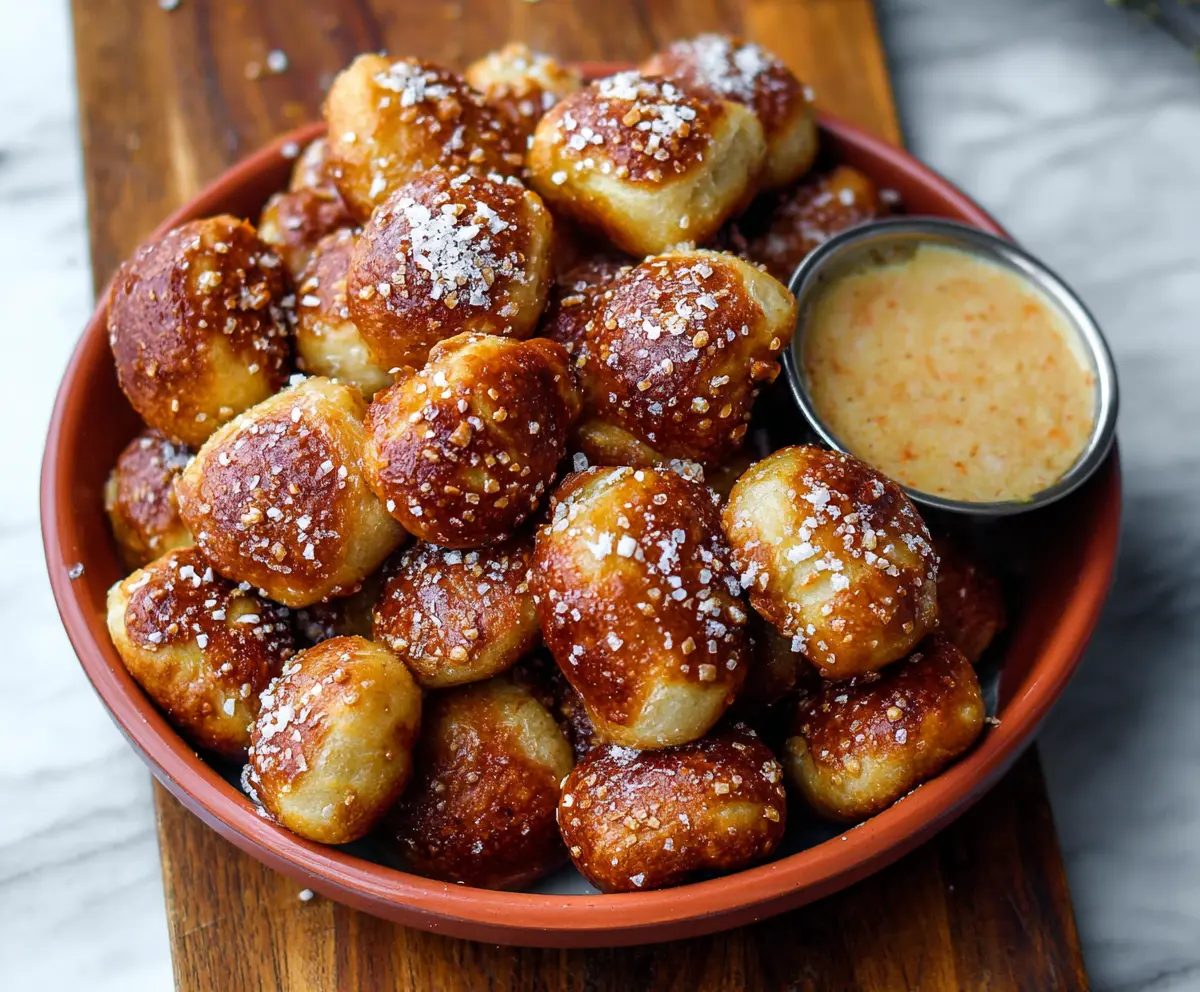 Delicious soft pretzel bites sprinkled with coarse salt on a rustic wooden board.