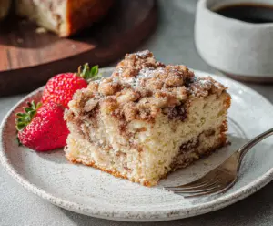 Delicious Sourdough Breakfast Cake with fresh fruits and powdered sugar