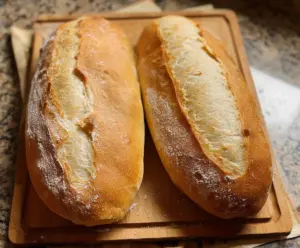 Homemade sourdough discard French bread on a wooden cutting board with a crispy crust and soft interior.