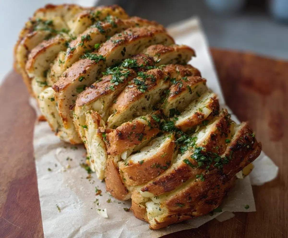 Delicious sourdough discard garlic pull-apart bread fresh out of the oven, showcasing golden, flaky layers with a garlicky aroma.