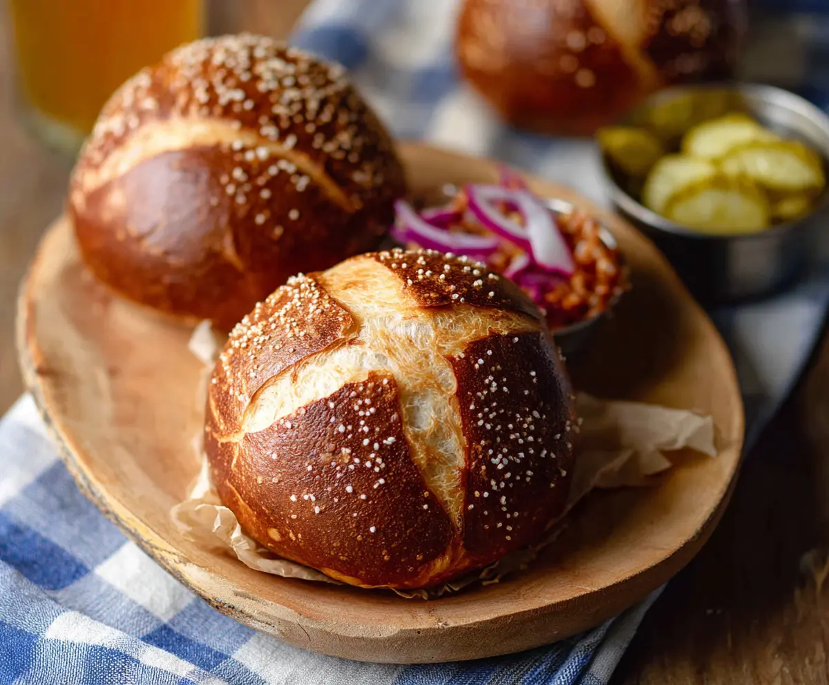 Golden brown sourdough discard pretzel buns on a rustic wooden surface, perfect for sandwiches and snacks.