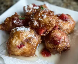 Delicious homemade sourdough discard strawberry fritters served on a plate with fresh strawberries.