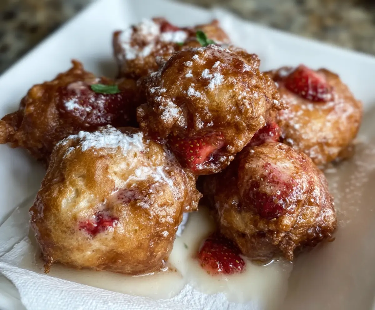 Delicious homemade sourdough discard strawberry fritters served on a plate with fresh strawberries.