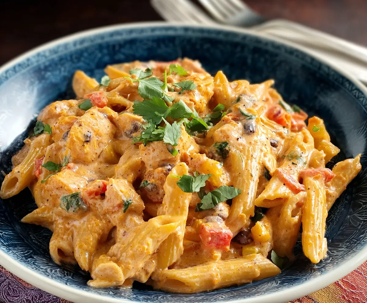 Creamy Southwest Alfredo Penne Pasta garnished with fresh cilantro and jalapeños.