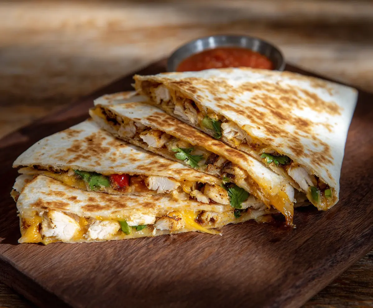 Delicious Southwest Chicken Quesadillas filled with seasoned chicken, cheese, and peppers, served hot.
