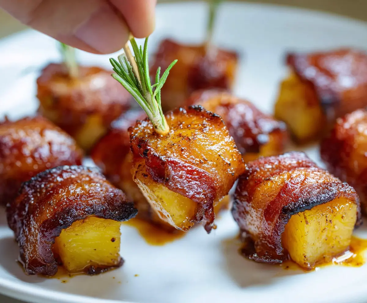 Savory bacon wrapped pineapple bites with a spicy brown sugar glaze, perfect for appetizers.