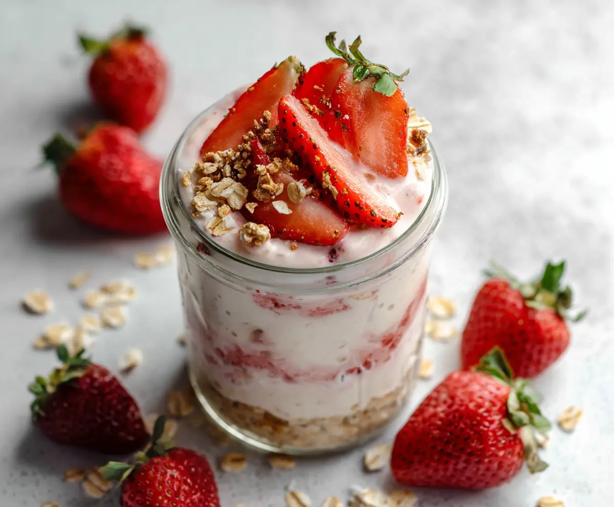 Creamy Strawberry Cheesecake Overnight Oats in a glass jar topped with fresh strawberries and a mint leaf.