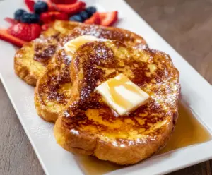 Golden Texas French Toast with powdered sugar and fresh berries on a breakfast plate