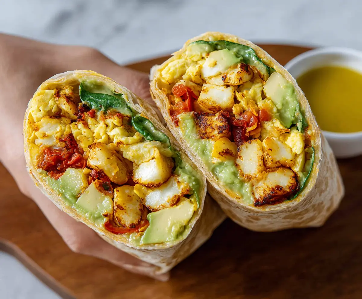 Colorful Veggie Breakfast Burrito filled with fresh vegetables and melted cheese, perfect for a healthy start to your day.