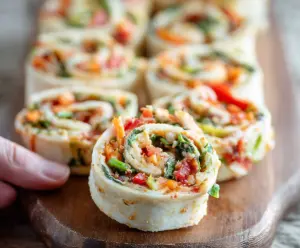 Colorful veggie pizza pinwheels with fresh vegetables and melted cheese, perfect for snack time.
