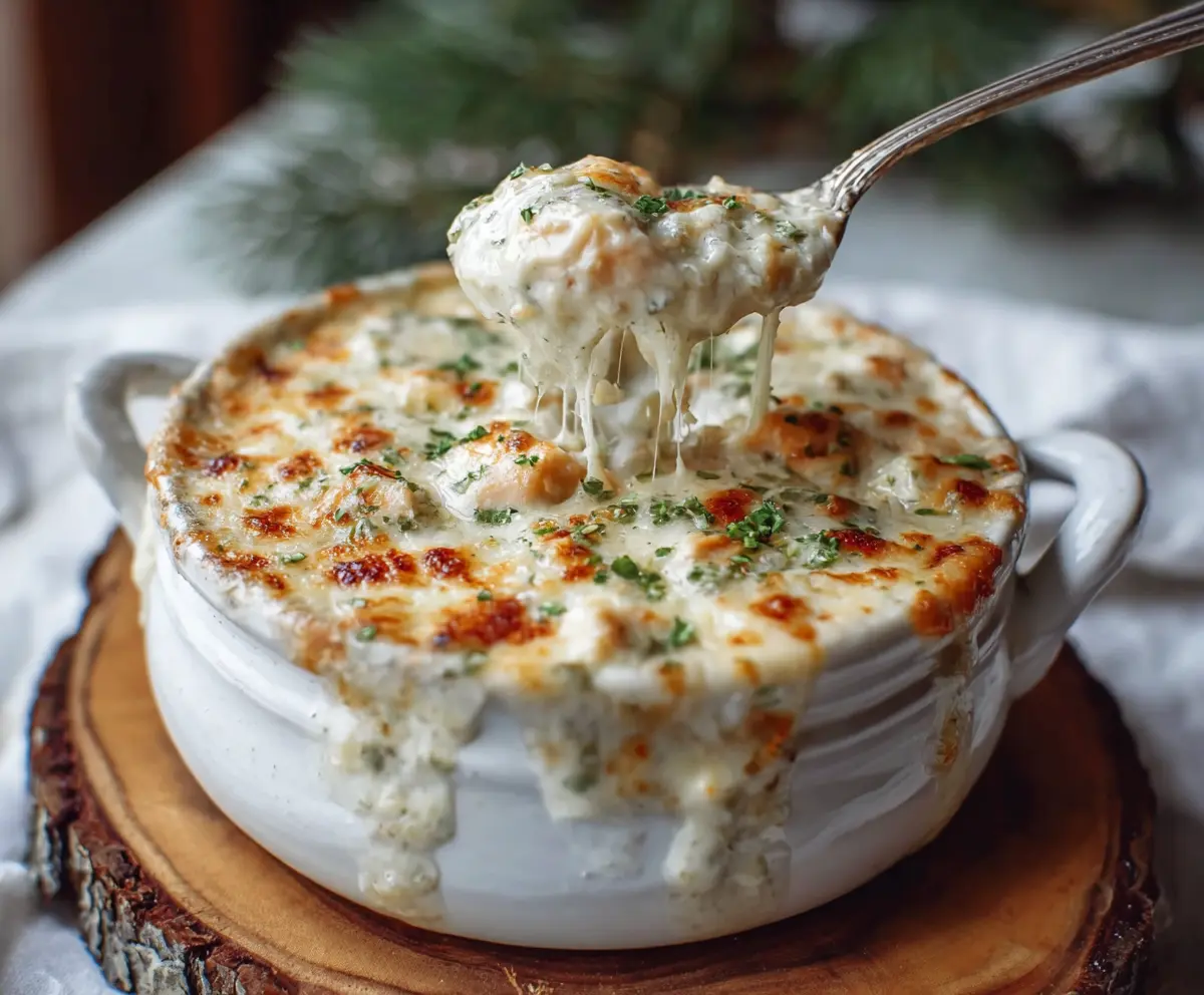 Creamy white chicken chili cottage cheese winter bake served in a casserole dish with fresh herbs.