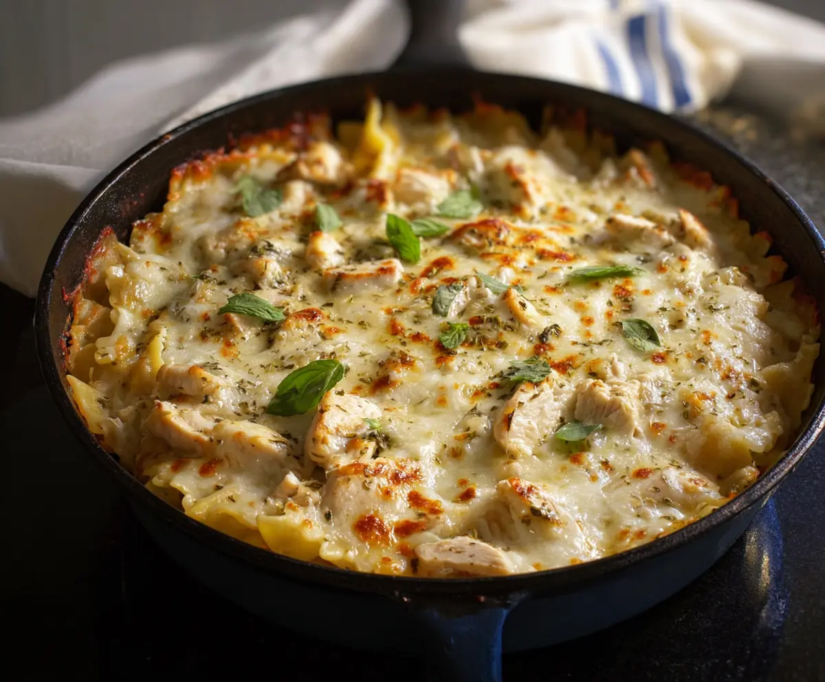 Delicious White Chicken Skillet Lasagna served on a plate, showcasing layers of creamy cheese and tender chicken.