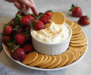 Creamy 3 ingredient cheesecake dip served with fresh fruits and snacks