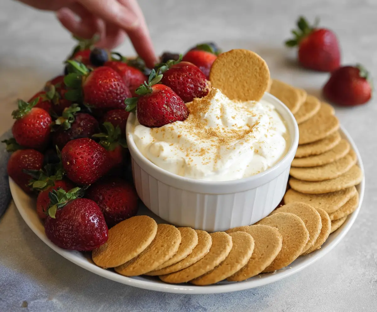 Creamy 3 ingredient cheesecake dip served with fresh fruits and snacks