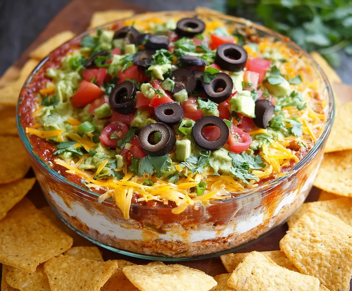 Delicious 5 Layer Dip with beans, cheese, guacamole, salsa, and sour cream in a clear serving dish