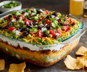 Delicious 7 Layer Dip featuring layers of beans, guacamole, sour cream, cheese, salsa, and olives.