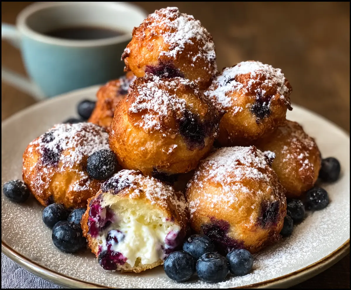 Delicious air fryer blueberry and cottage cheese donut holes served on a white plate, showcasing their golden-brown exterior and fresh blueberry topping.