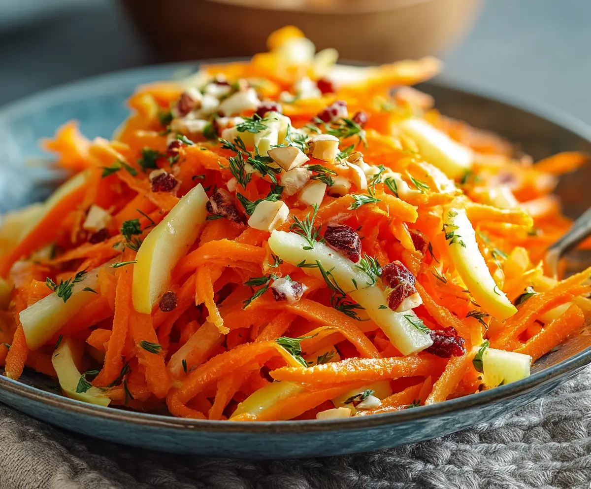 Fresh apple and carrot salad with creamy citrus dressing, healthy and colorful summer dish