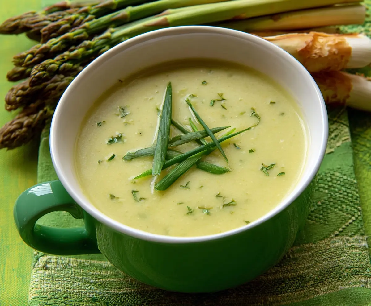 Creamy asparagus and leek soup in a bowl, garnished with fresh herbs, perfect for a healthy meal.