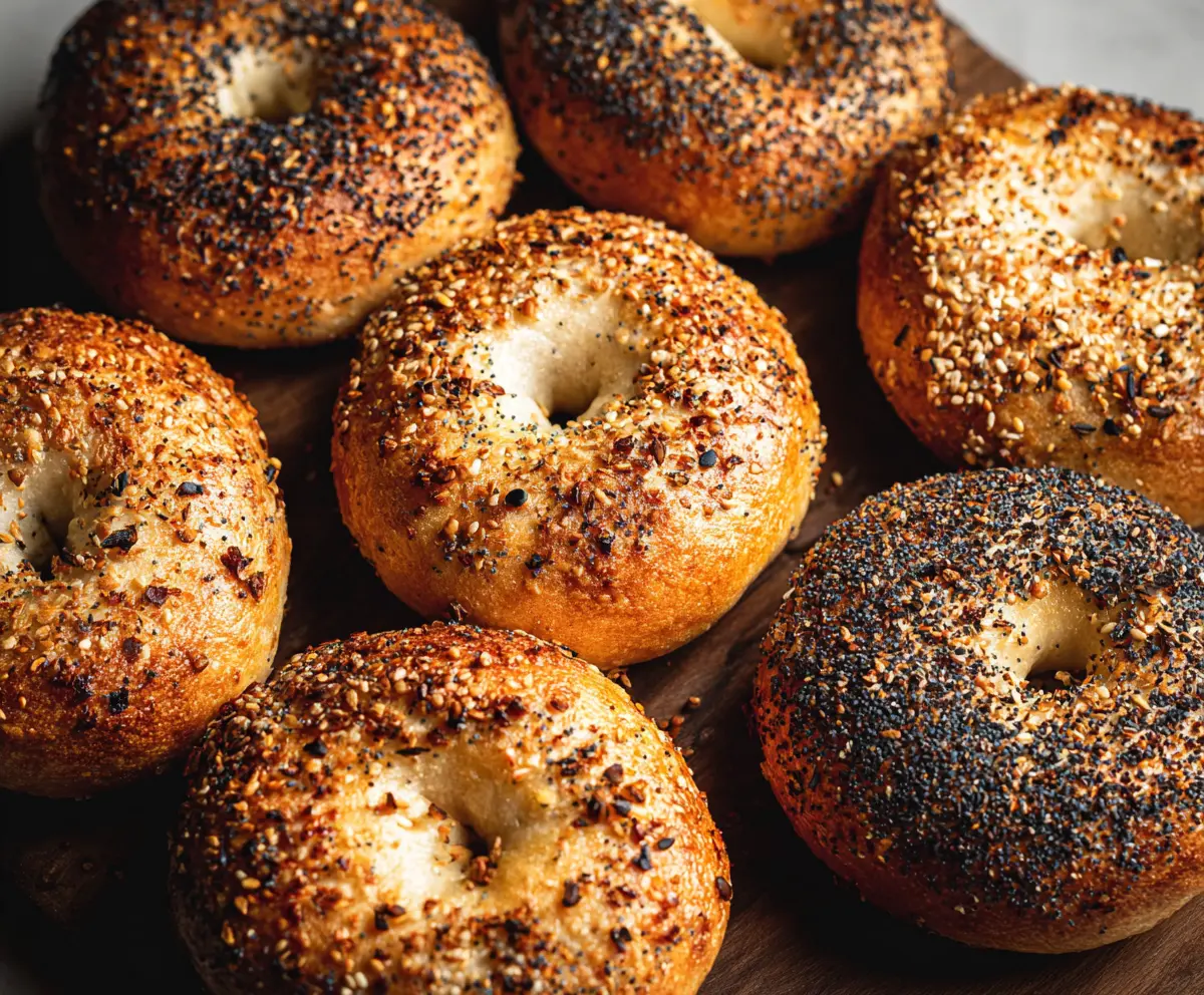 Freshly baked authentic New York style bagels on a rustic wooden table, showcasing their golden-brown crust and chewy interior.