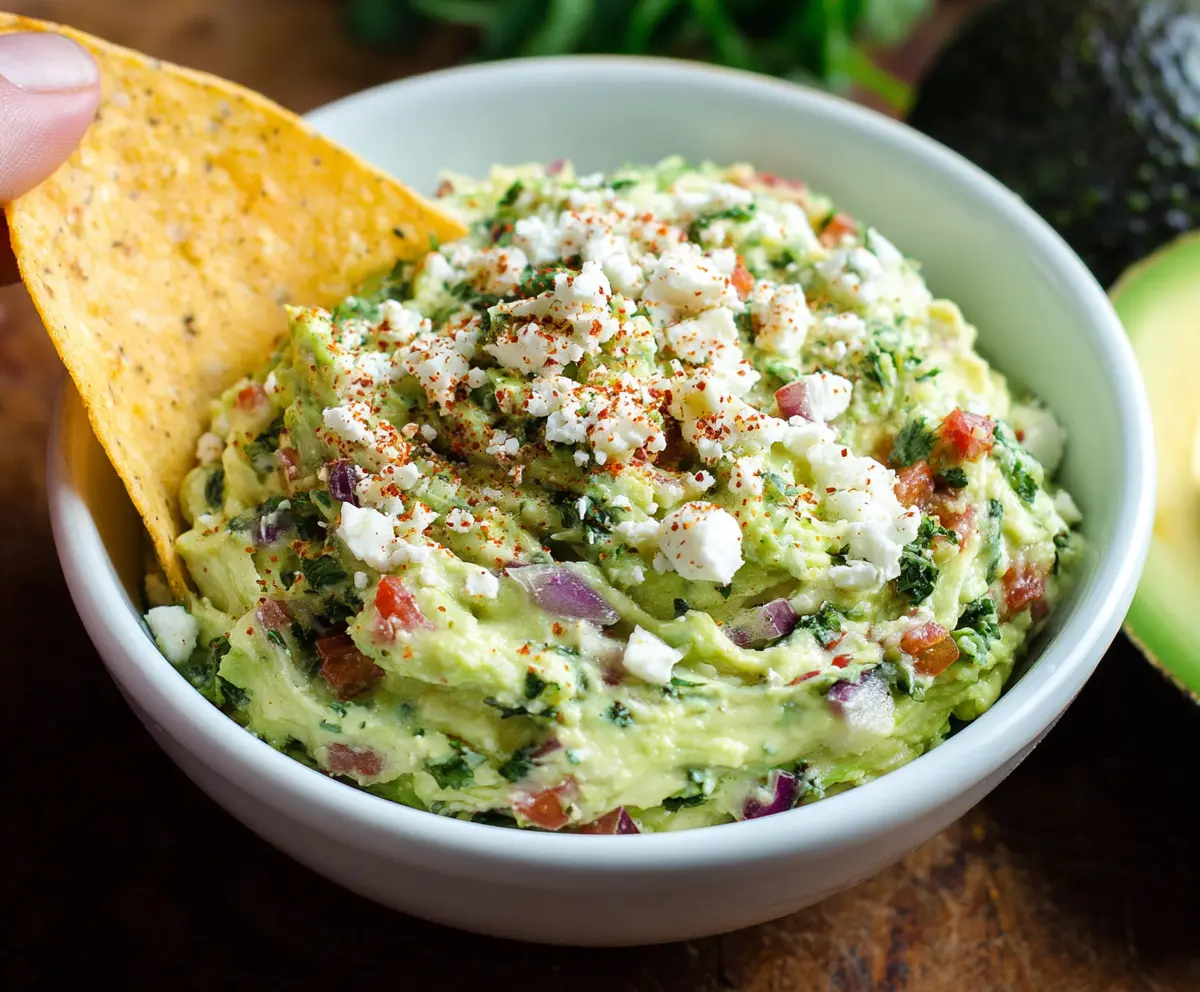 Creamy avocado crack dip served with fresh tortilla chips for a savory snack.