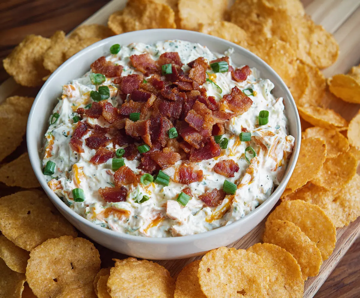 Creamy Bacon Cheddar Ranch Dip with crispy bacon bits and fresh herbs for game day or parties