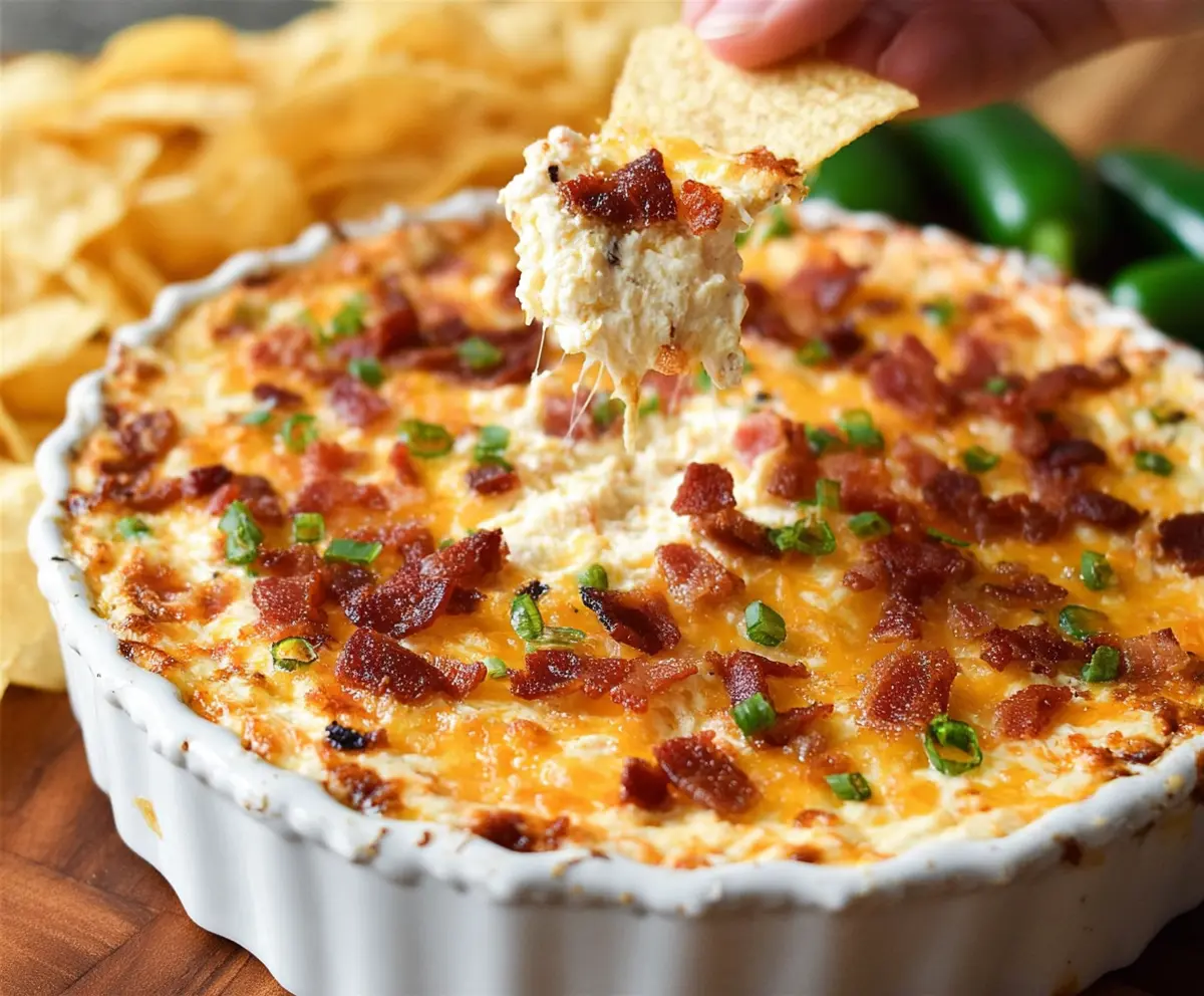 Creamy Bacon Jalapeño Popper Dip with melted cheese and crispy bacon on top.