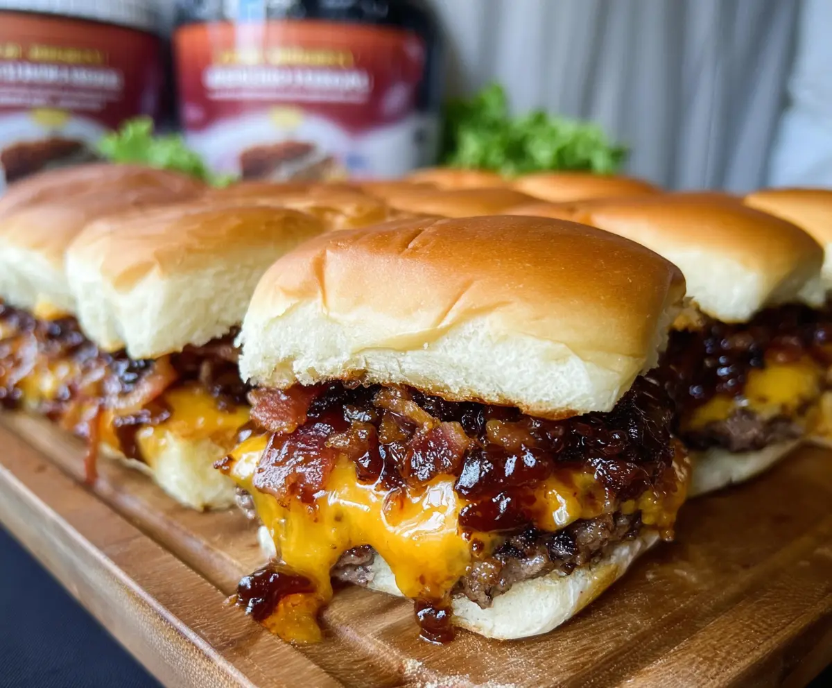 Close-up of Bacon Jam Cheeseburger Sliders with melted cheese and crispy bacon on soft slider buns.