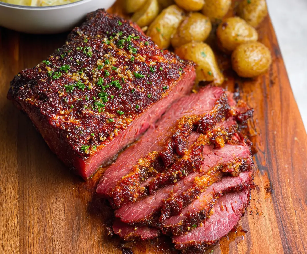 Delicious baked corned beef served with vegetables on a white plate