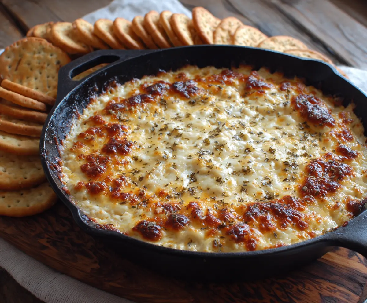 Delicious baked double cheese and sweet onion dip in a serving bowl, perfect for snacks and parties