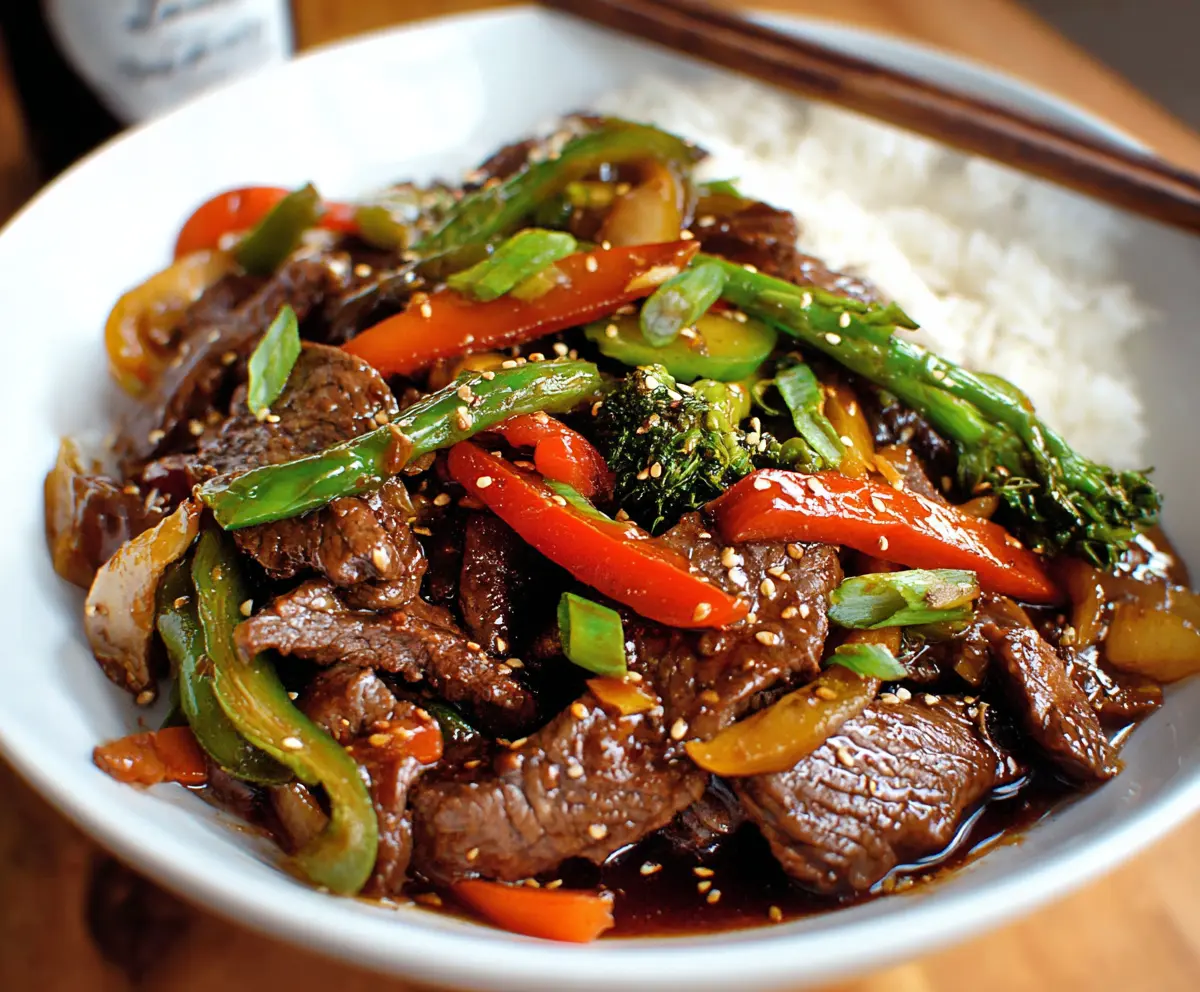 Delicious beef stir fry with colorful vegetables served in a bowl