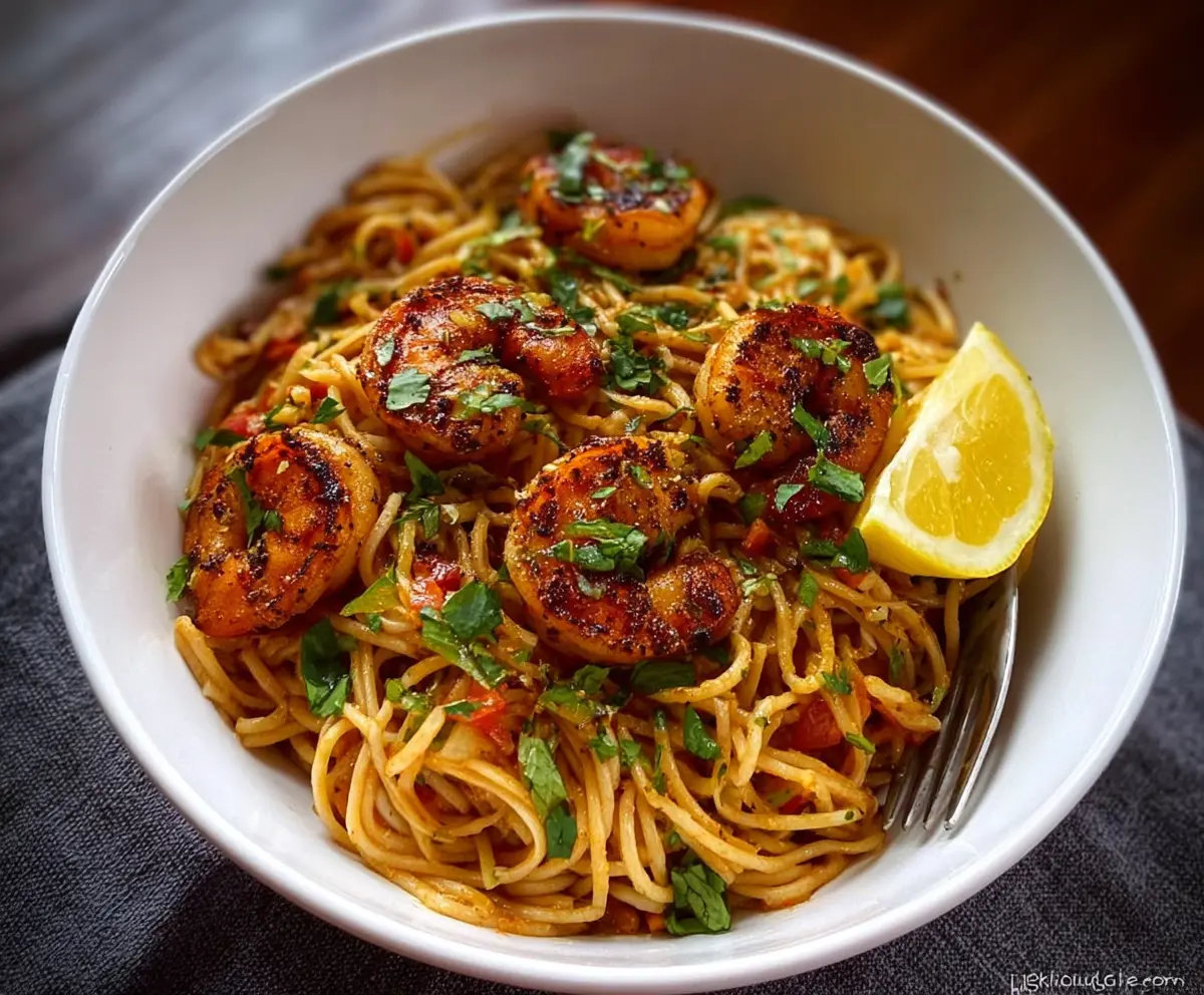 Delicious blackened shrimp pasta garnished with fresh herbs on a white plate.