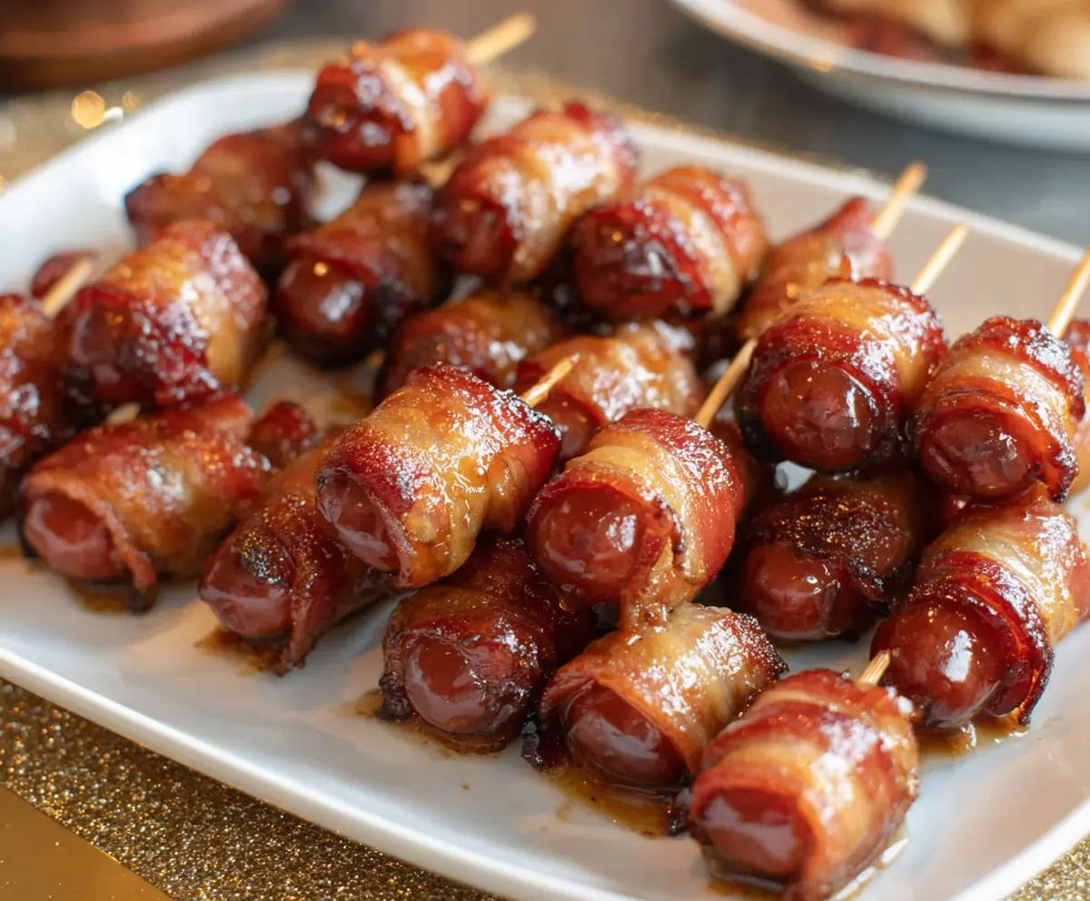 Delicious Brown Sugar Bacon Little Smokies wrapped in crispy bacon with a caramelized glaze