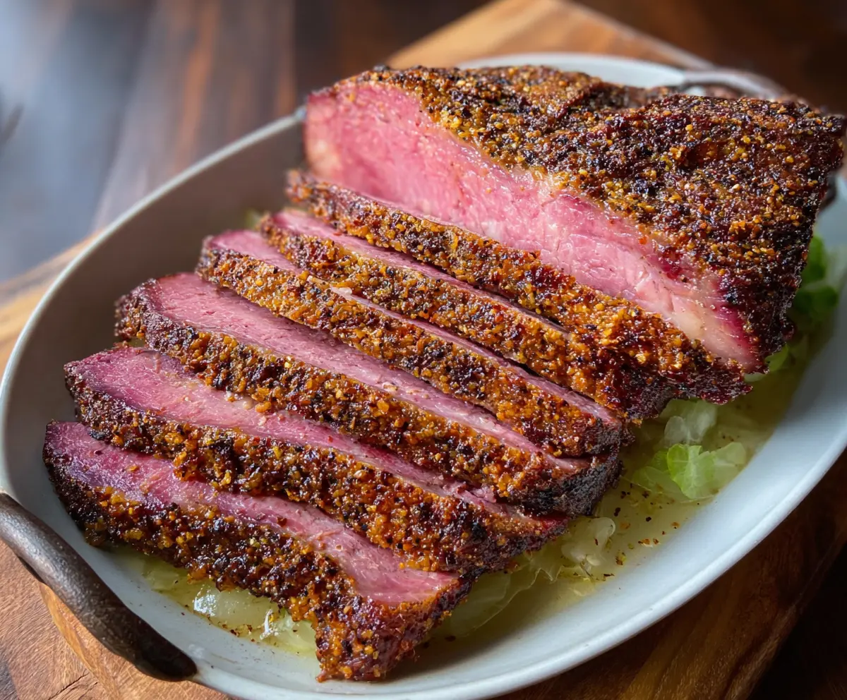 Juicy Brown Sugar Dijon Corned Beef Brisket with a glazed exterior and tender inside.