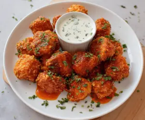 Crispy buffalo chicken bites served with dipping sauce, perfect for snacks or parties.